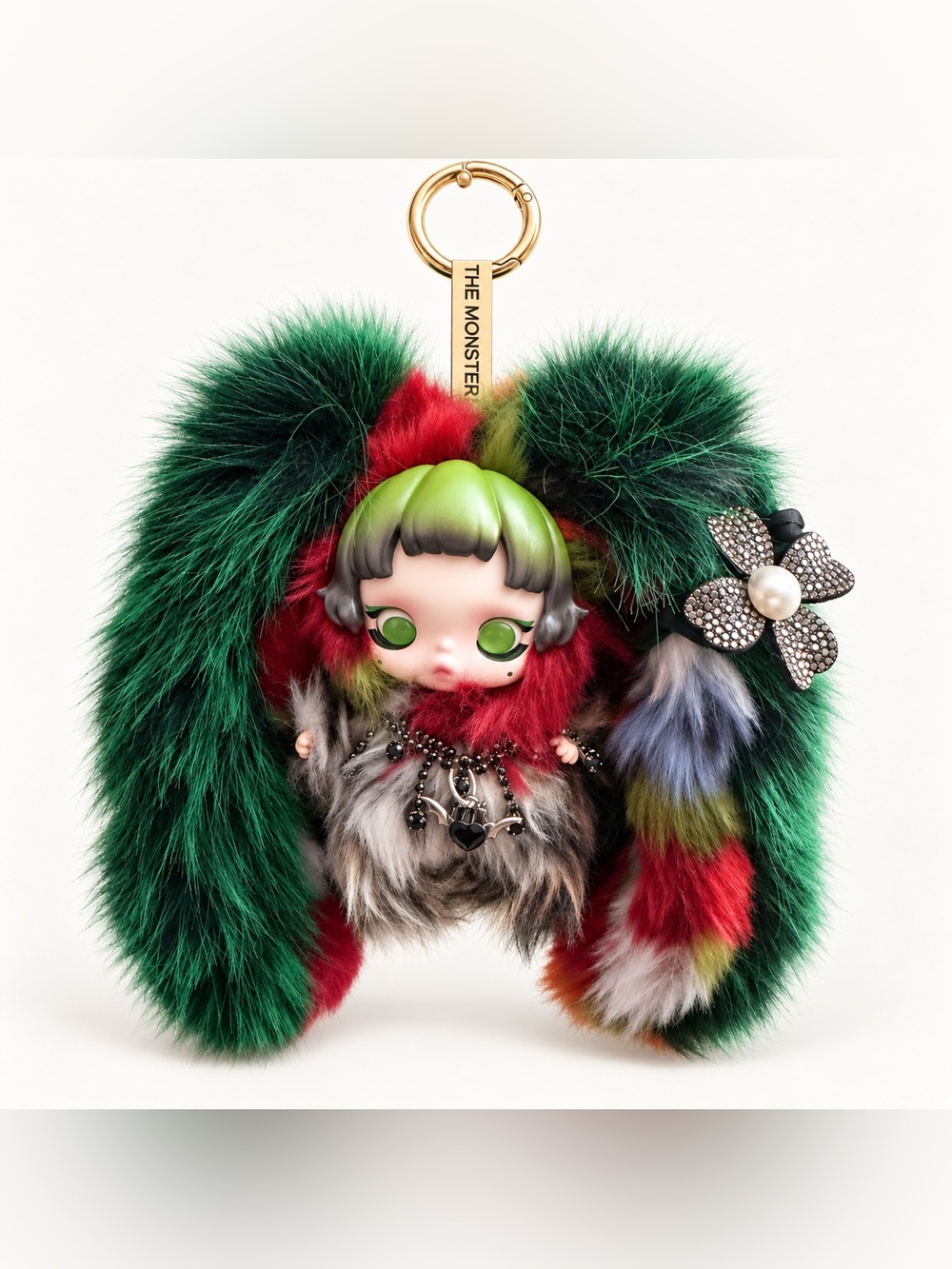Custom Labubu Fur Bag Charm Keychain with Rhinestone Flower